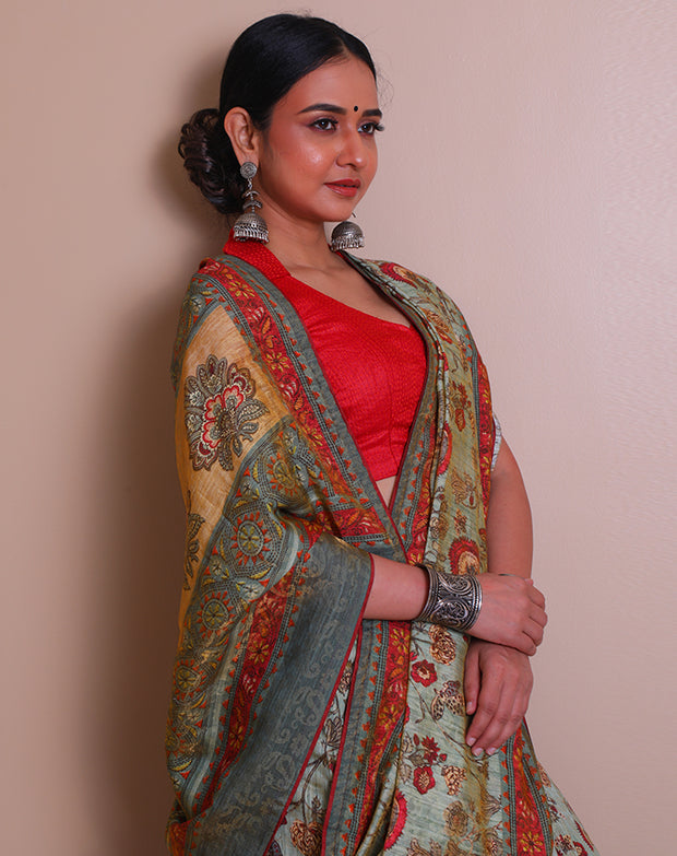 The light green blended saree with zari woven throughout, combined with printed designs on the border, pallu, and drape, sounds elegant - BLN01203