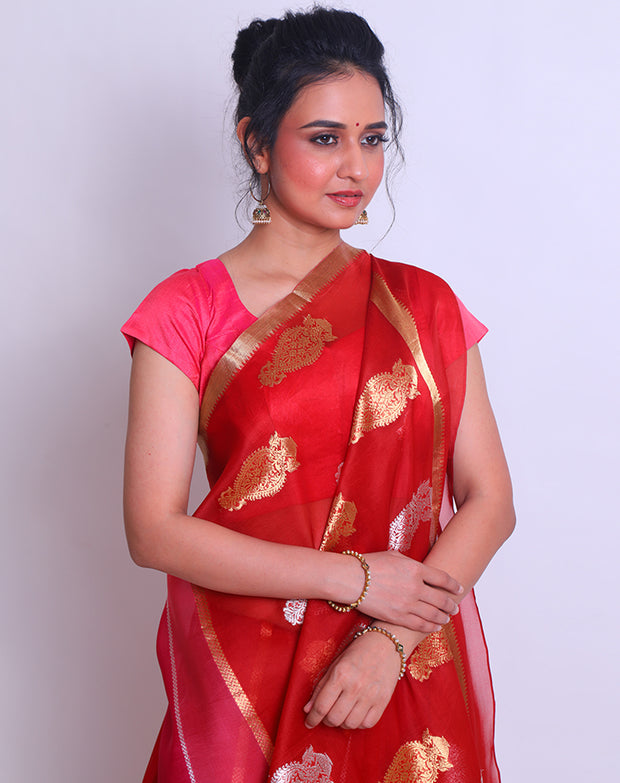 The Pink with Rust Organza saree sounds absolutely stunning, especially with the delicate gold thin border and pallu - BSK0101621