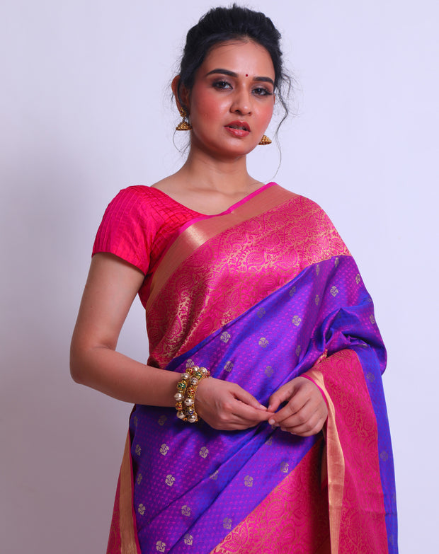 The Purple South silk saree with self-weaving and zari buttis all over the drape sounds absolutely elegant - KSL02428