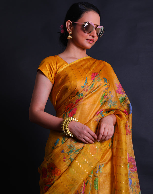 The mustard soft Tussar printed saree you've described sounds elegant and contemporary.- PTS05298