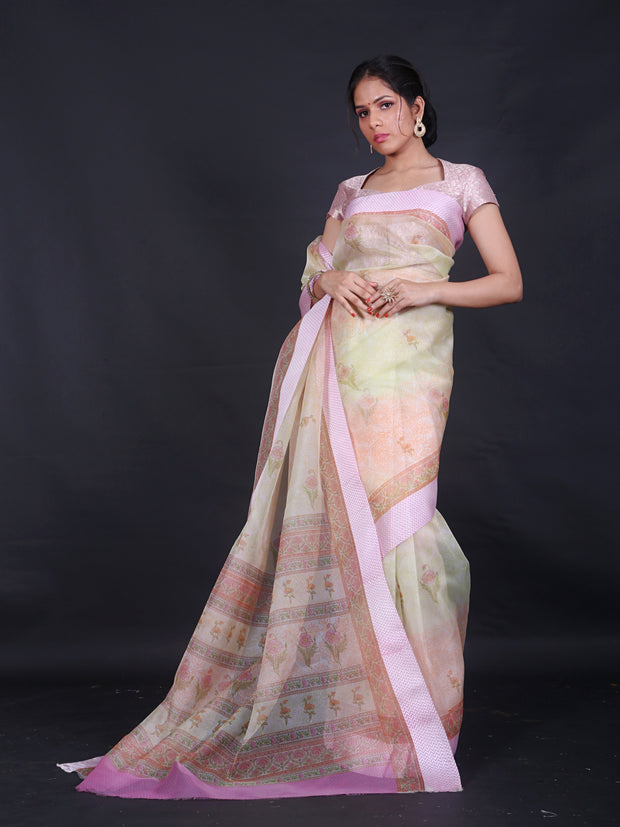 Signoraa Lime Green Organza Satin Printed Saree – PTS051111