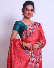 The rust semi-Tussar saree with digital print on the border and pallu - BLN01404