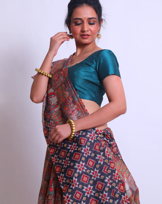 The Black semi-Tussar saree with digital print on the border and pallu - BLN00864
