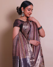 The brown silk Banarasi saree with multi-color zari motifs woven all over the drape sounds absolutely gorgeous.- BSK010464
