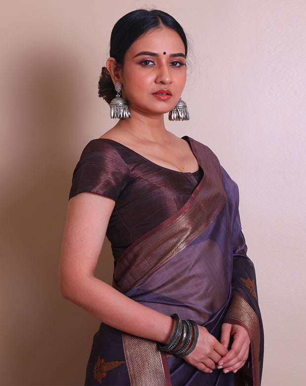 The dark mauve Banarasi cotton saree with a zari border and pallu sounds absolutely elegant. - BSK010739