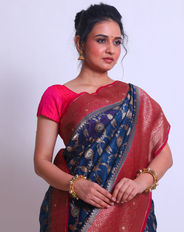 The Navy Blue Organza Handloom saree sounds absolutely stunning - BSK09208