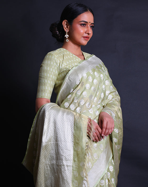 The light green Banarasi silk saree you've described sounds enchanting,- BSK010346