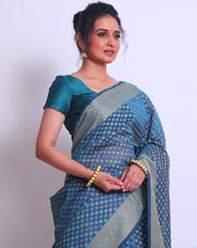 The royal blue fancy cotton saree with thread woven on the border and pallu - FCT011110