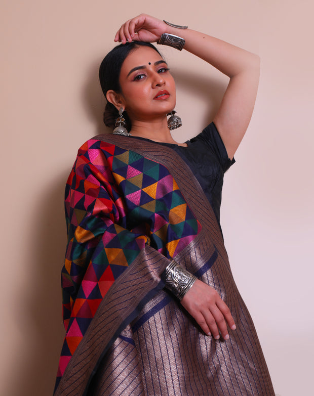 The dark blue blended Banarasi saree with multi-colored thread weaving sounds striking and vibrant - BLN01118