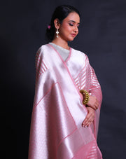 The Peach Banarasi Kora saree with silver lines woven horizontally all over the drape,- BSK010582