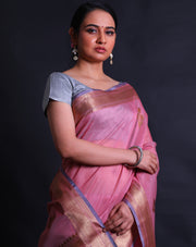 The pink Banarasi handloom cotton saree with antique zari buttis all over the drape sounds exquisite,- BSK010732