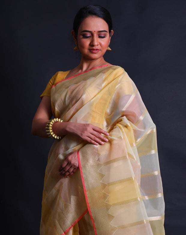 The cream organza saree with shades of light color and zari lines all over the drape sounds ethereal and elegant,- FCT011113