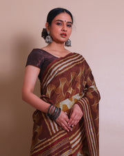 The brown blended saree with Shibori style print on the border, pallu, - BLN00986