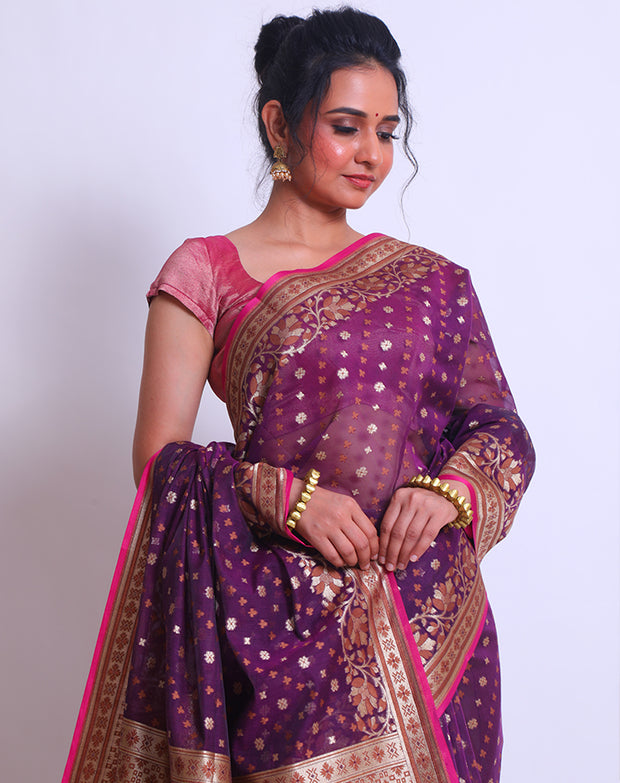 The wine fancy cotton saree with a combination of two borders - BSK010448