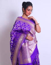 The Purple Banarsi Handloom Silk saree with a gold zari border and pallu adorned with gold zari design - BSK010530