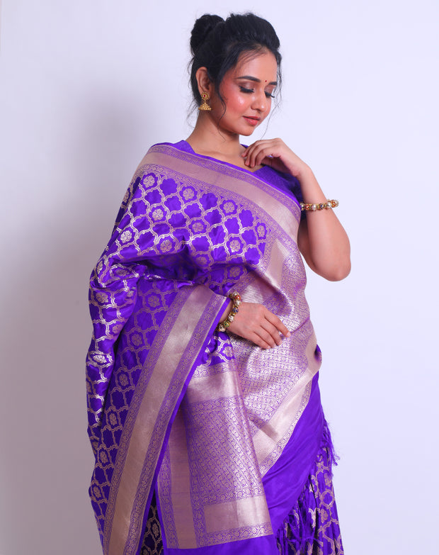 The Purple Banarsi Handloom Silk saree with a gold zari border and pallu adorned with gold zari design - BSK010530