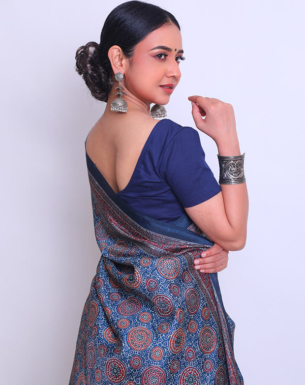 The dark blue semi-printed saree with Ajrak print all over the drape, border - BLN00978