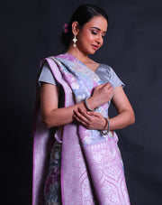 The pink semi Khadi georgette saree with rangkhat design and silver zari woven all over the drape,- CHG04011