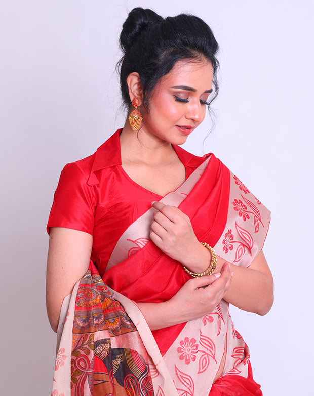A Red Fancy Cotton saree with a woven border and a Kalamkari printed pallu offers a delightful blend of traditional and contemporary elements - FCT011147