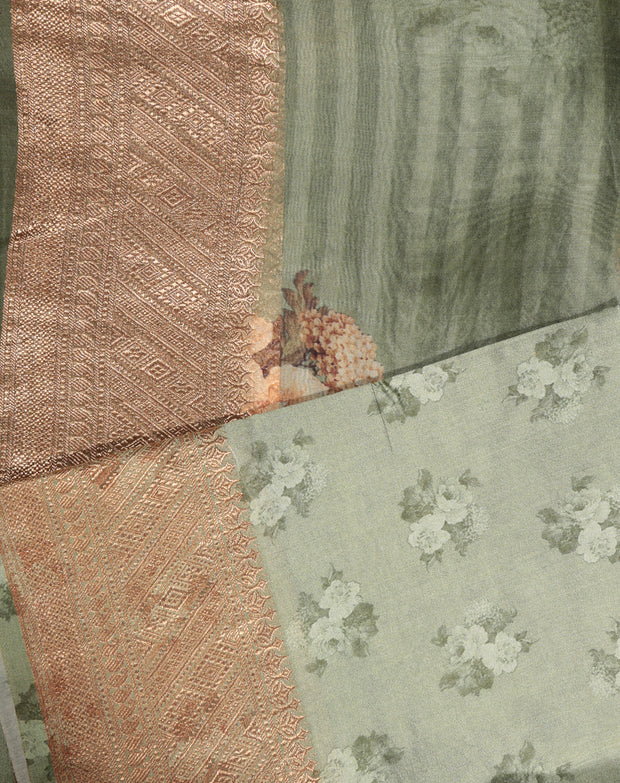 Signoraa Green Linen Tussar Digital Print Gold Border Saree – BSK09500