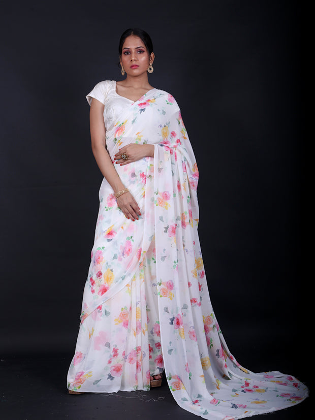 Signoraa White Pure Georgette Digital Saree – CHG03937