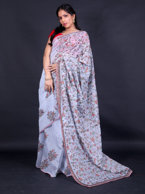 Signoraa Grey Fancy Cotton Embroidery Saree – FCT010330