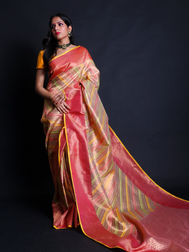 Signoraa Pinkish Gold Zari Kota Tissue Handloom Saree – KTJ03832