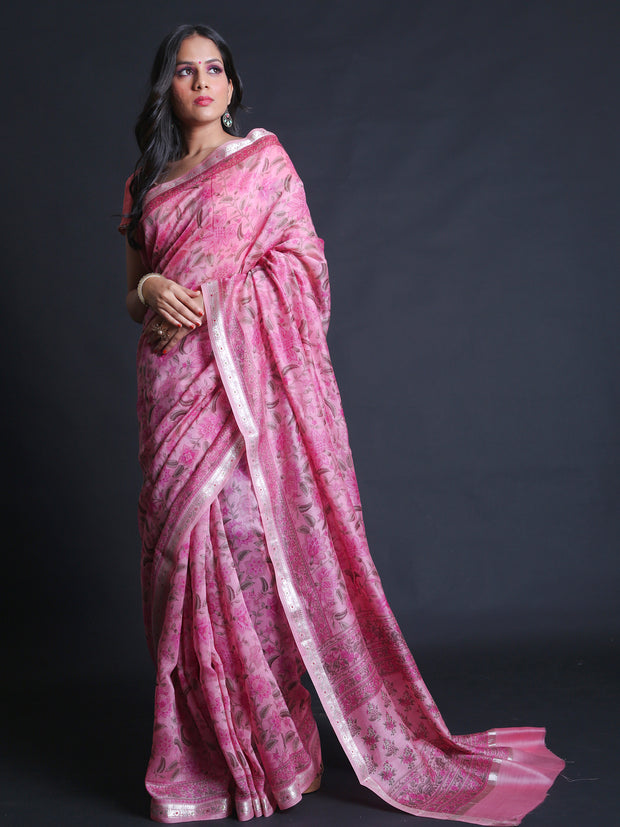 Signoraa Pink Organza Printed Handloom Saree – FCT01026