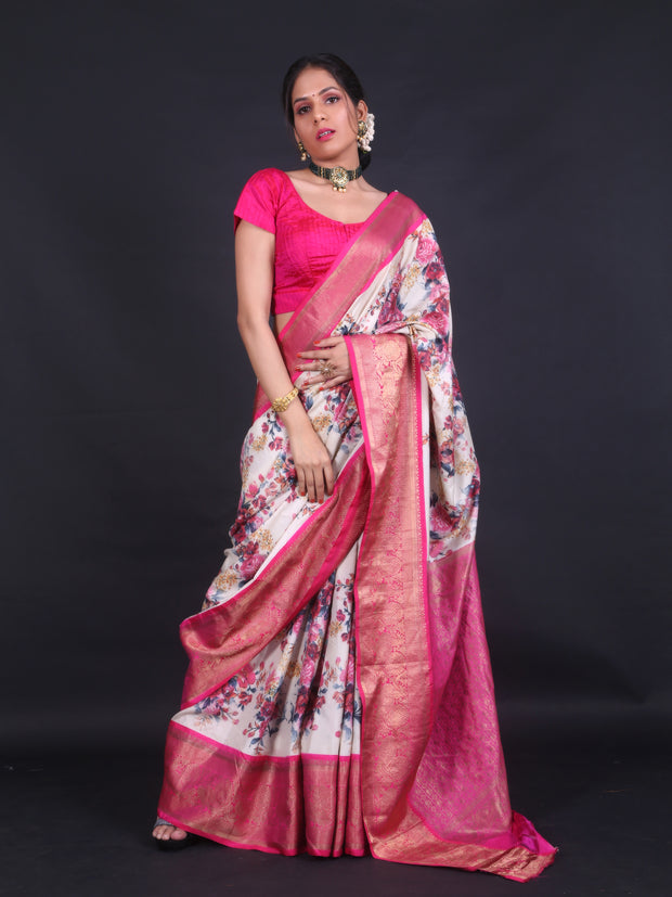 Signoraa Off White Kanjivaram Silk Floral Saree – PTS05074