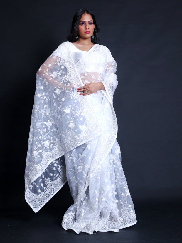 Signoraa White Fancy Organza Embroidery Saree – EMB03235