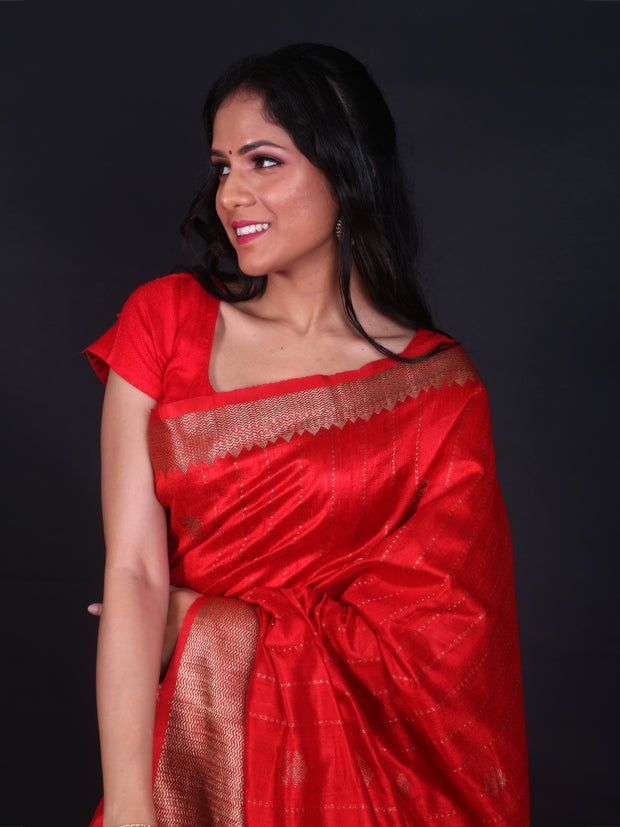 Signoraa Banarasi Red Tussar Silk Antique Butti Saree – BSK09829