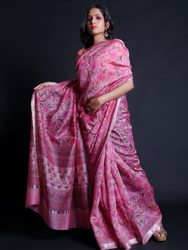 Signoraa Pink Organza Printed Handloom Saree – FCT01026