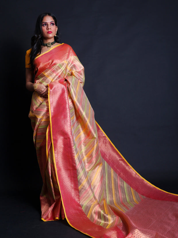 Signoraa Pinkish Gold Zari Kota Tissue Handloom Saree – KTJ03832