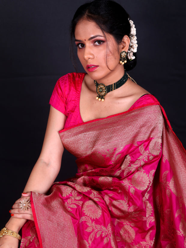 Signoraa Rani Pink Banarasi Silk Leaf Jaal Handloom Saree – BSK09948