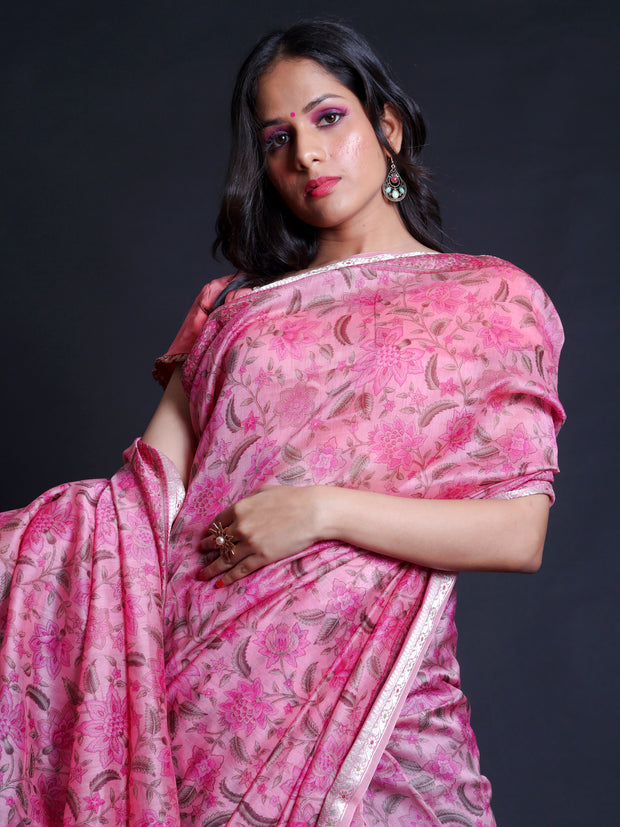 Signoraa Pink Organza Printed Handloom Saree – FCT01026