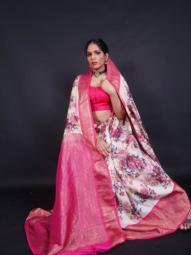 Signoraa Off White Kanjivaram Silk Floral Saree – PTS05074