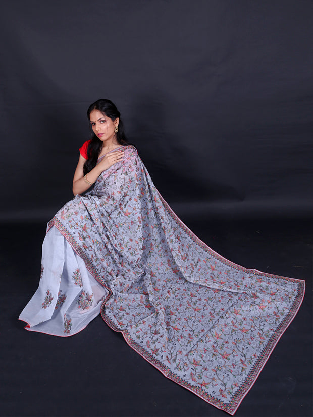 Signoraa Grey Fancy Cotton Embroidery Saree – FCT010330