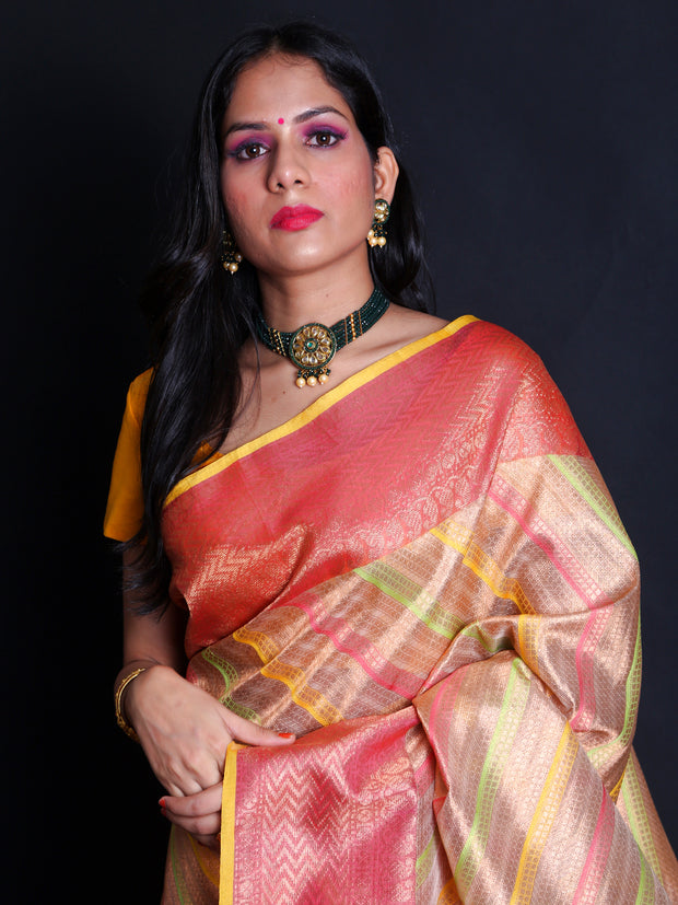 Signoraa Pinkish Gold Zari Kota Tissue Handloom Saree – KTJ03832